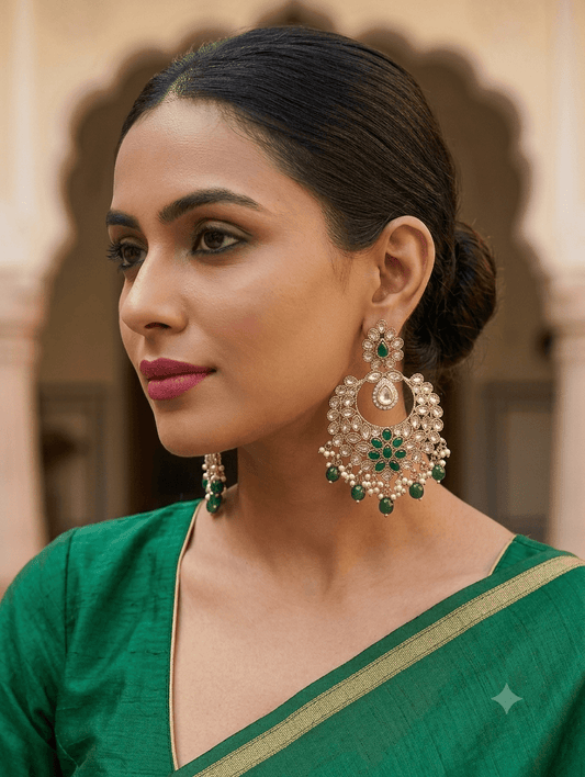 Regal Emerald Green Floral Crescent Kundan Chandbali Earrings - Bollywood - Weddings - 6ER166 09A26 - Prachy Creations