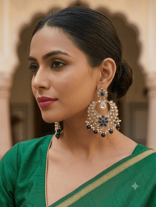 Regal Sapphire Navy Blue Floral Crescent Kundan Chandbali Earrings - Bollywood - Weddings - 6ER166 09A26 - Prachy Creations
