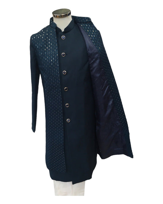 Rich Double Layered Teal Blue Sherwani - YD2322 RP 0923 - Prachy Creations