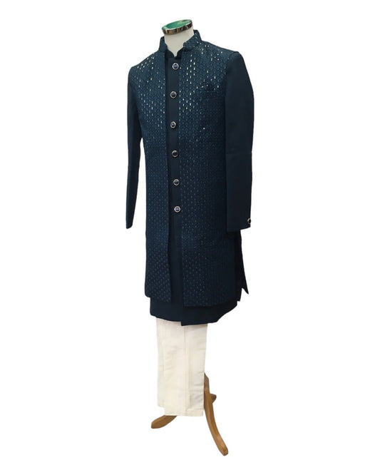 Rich Double Layered Teal Blue Sherwani - YD2322 RP 0923 - Prachy Creations