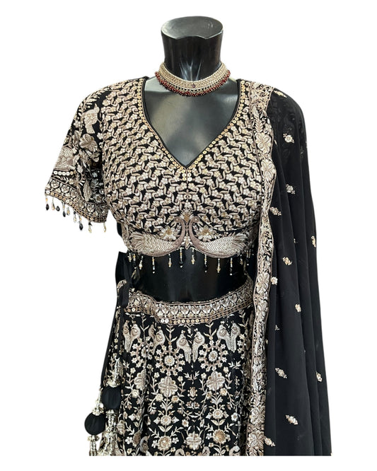 Rich Heavy Black Lehenga set with full Embroidery - Size 14 (40") - UK Stock - 24h Dispatch - KTC250616 RV - Prachy Creations