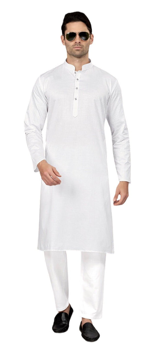 Rich / Leather Cotton Mens Indian Kurta set in White - for Sangeet, Mehndi, Eid Celebration (with smart trousers) - FILO 0822 KP - Prachy Creations