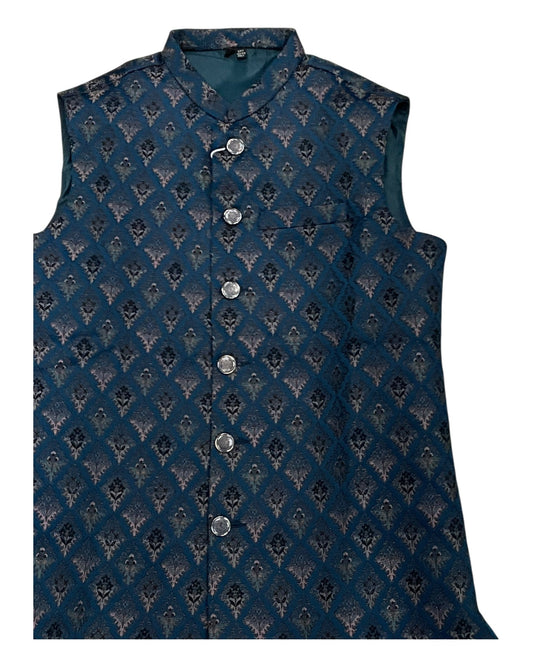 Rich Teal with Contrast Thread Brocade - Premium Mens Waistcoat - VNS-JKT14 10KJ25 - Prachy Creations