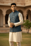 Rich Teal with Contrast Thread Brocade - Premium Mens Waistcoat - VNS-JKT14 10KJ25 - Prachy Creations
