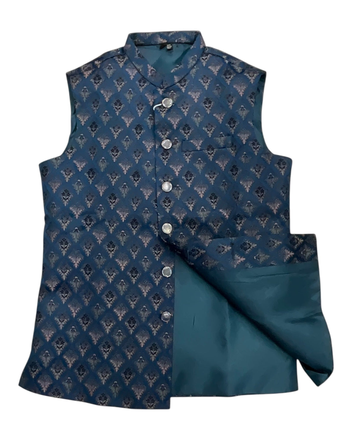 Rich Teal with Contrast Thread Brocade - Premium Mens Waistcoat - VNS-JKT14 10KJ25 - Prachy Creations