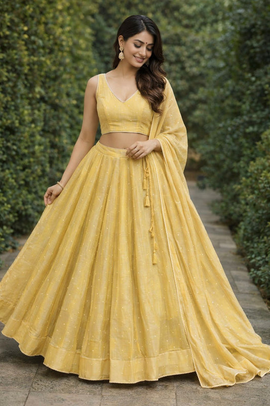 Yellow - Crushed Tissue Lehenga Set - Mehndi / Sangeet / Bridesmaids / Weddings / Garba  - Size UK 12 (38" Bust) Adjustable to Size 14 - UK Stock - 24h Dispatch - AF2604 02VA26