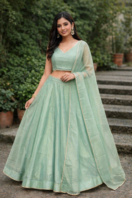 Turquoise Blue - Crushed Tissue Lehenga Set - Mehndi / Sangeet / Bridesmaids / Weddings / Garba  - Size UK 12 (38" Bust) Adjustable to Size 14 - UK Stock - 24h Dispatch - AF2604 02VA26