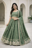 Mehndi / Henna Green - Dupion Silk Lehenga Set - Garba / Dandia , Mehndi / Sangeet / Weddings  - Size UK 12 (38" Bust) Adjustable to Size 14 - UK Stock - 24h Dispatch - AF2603 02TY26