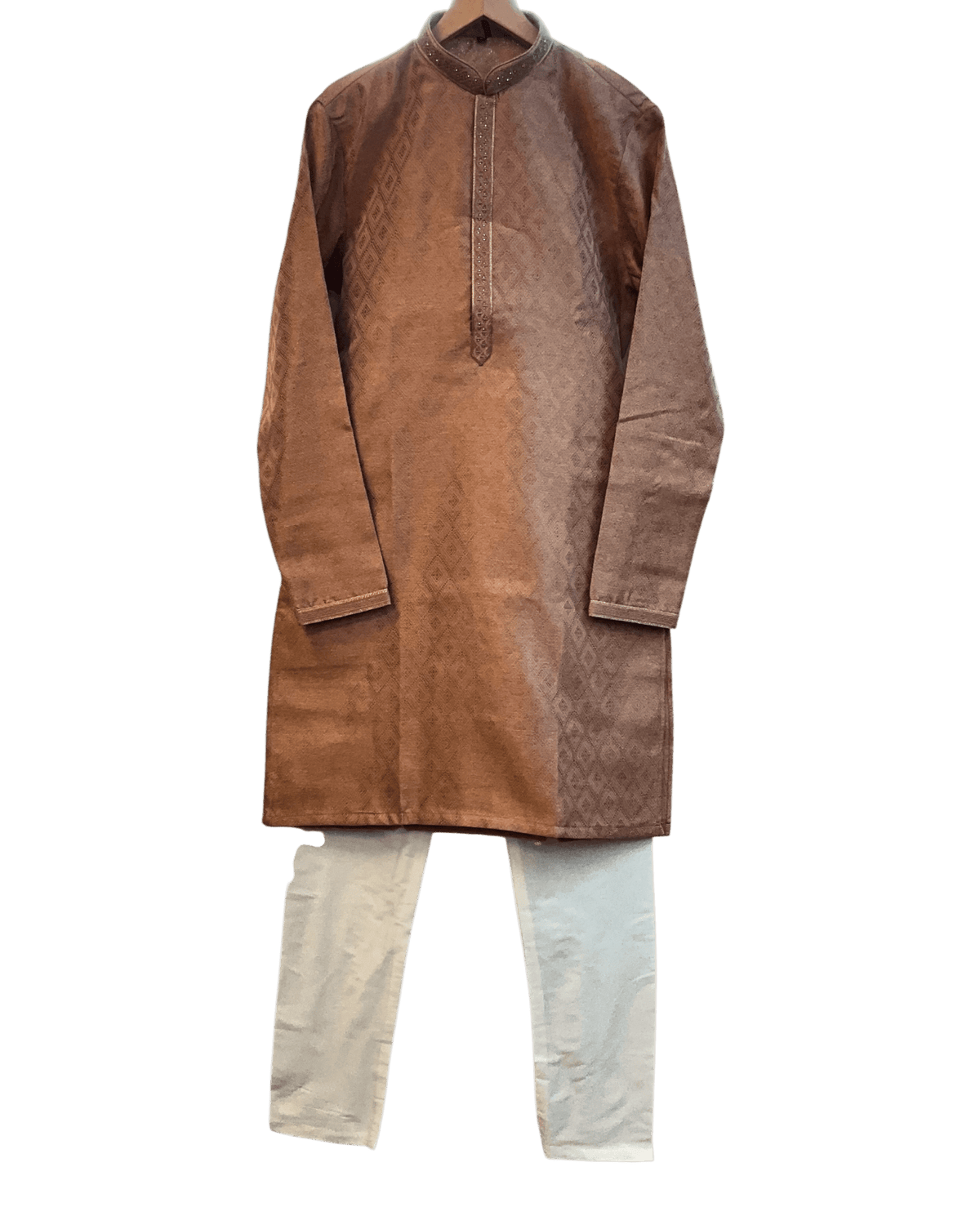 Rose Gold / Copper - Banarasi Handloom Brocade Mens Indian Kurta set with Trousers - UK Stock - Weddings / Walimas , Sangeet, Diwali, Eid, Mehndi / Henna - VEE2509 VR - Prachy Creations