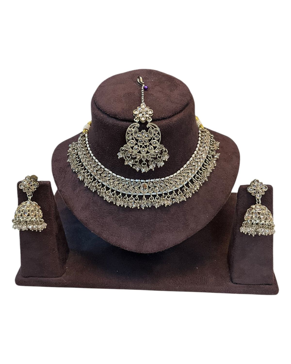 Rose Gold / Crystal - Medium Size Antique Gold Finish Necklace Set with Earrings & Tika Head piece - GGA05 KV 0525 - Prachy Creations