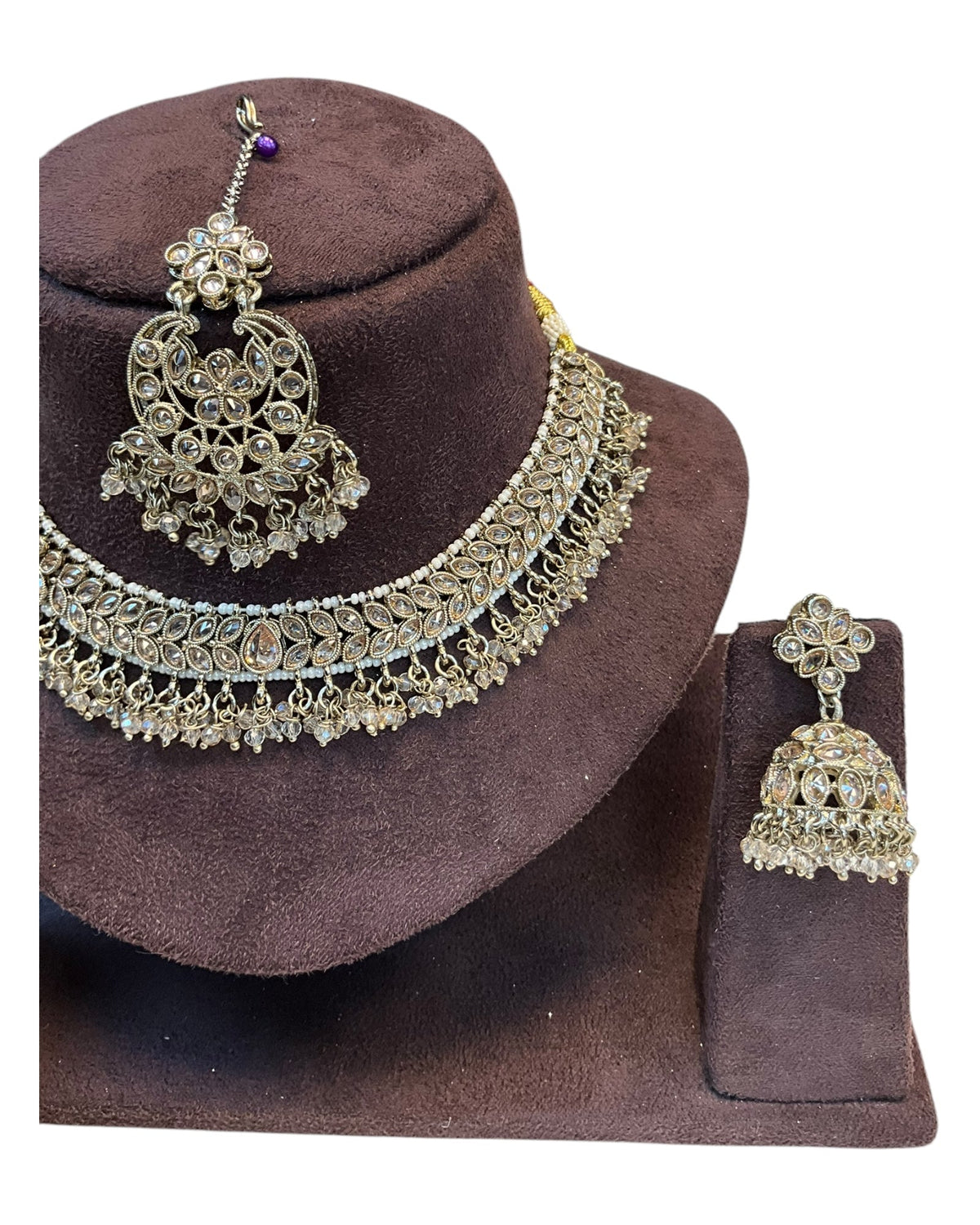 Rose Gold / Crystal - Medium Size Antique Gold Finish Necklace Set with Earrings & Tika Head piece - GGA05 KV 0525 - Prachy Creations