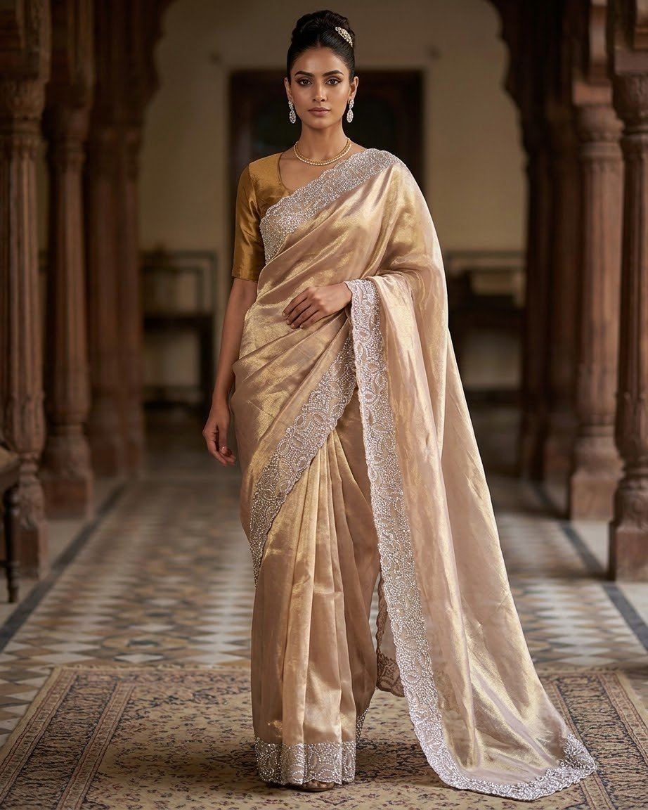 Rose Gold - Saree with Thread / Stone Embroidery and Blouse Piece - UK stock - 24hr Dispatch - SP2621 VC - Prachy Creations