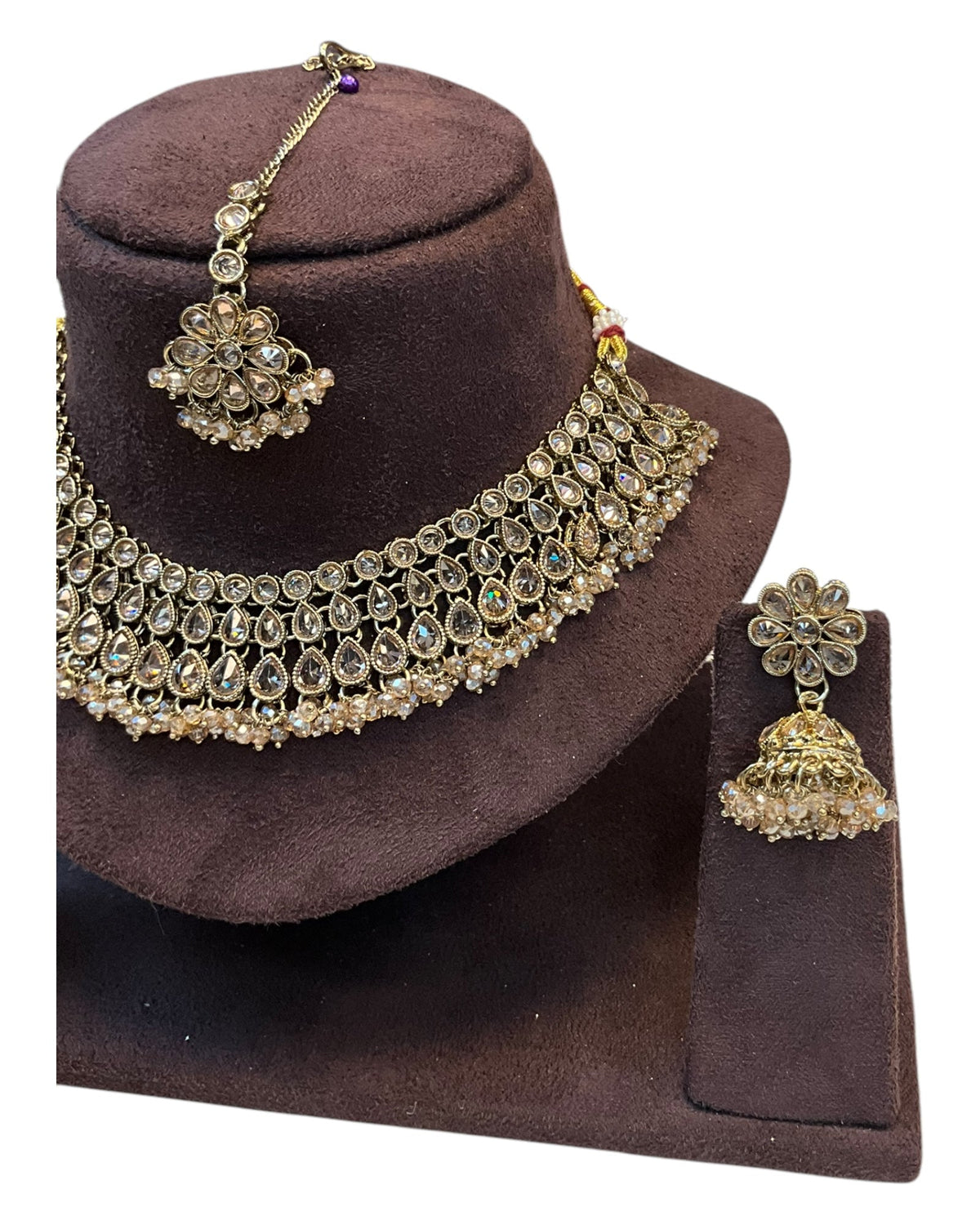 Rose / Neutral / Crystal - Large Size Antique Gold Finish Necklace Set with Earrings & Tika Head piece - PRI1787 KY 0525 - Prachy Creations