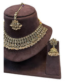 Rose / Neutral / Crystal - Large Size Antique Gold Finish Necklace Set with Earrings & Tika Head piece - PRI1787 KY 0525 - Prachy Creations