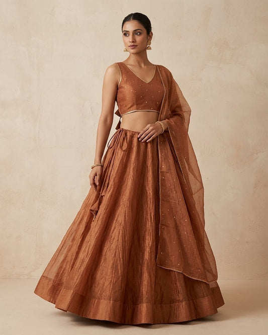 Rust - Crushed Tissue Lehenga Set - Mehndi / Sangeet / Bridesmaids / Weddings / Garba - Size UK 12 (38" Bust) Adjustable to Size 14 - UK Stock - 24h Dispatch - AF2604 02VA26 - Prachy Creations