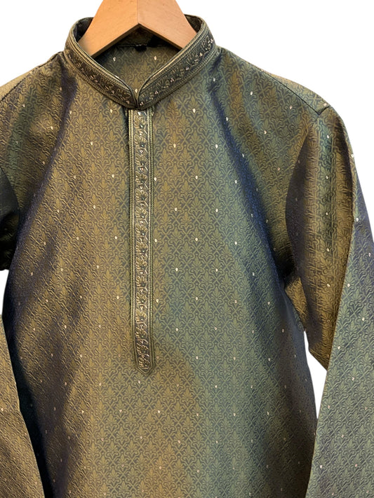 Sage Green - Banarasi Handloom Brocade Mens Indian Kurta set with Trousers - UK Stock - Weddings / Walimas , Sangeet, Diwali, Eid, Mehndi / Henna - VEE2443 VR - Prachy Creations