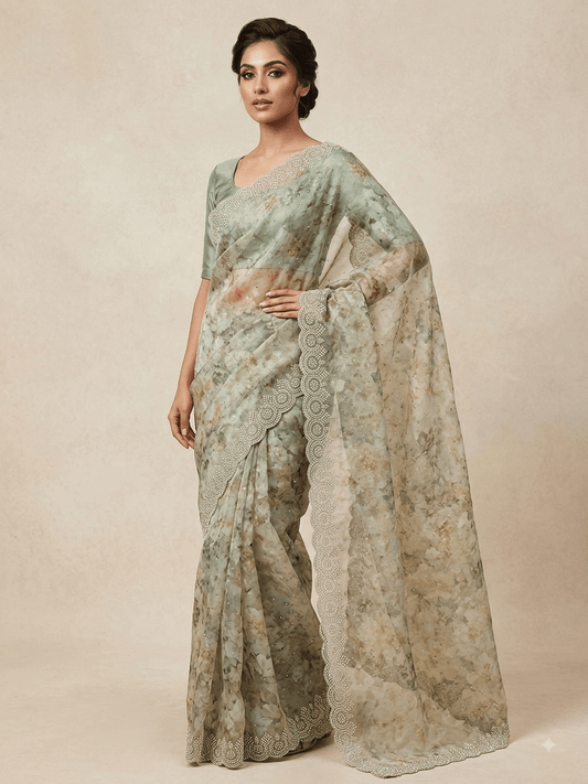 Sage Green - Fancy Embroidered Saree with Blouse Piece - UK stock - 24hr Dispatch - SP250621 VA - Prachy Creations