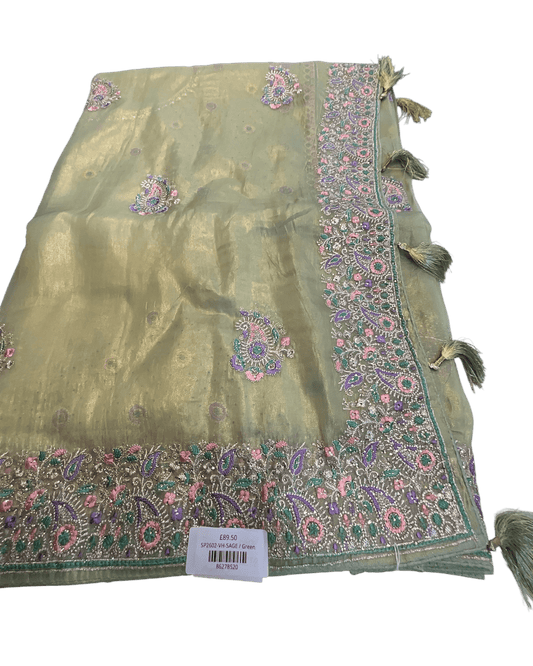 Sage Green - Fancy Party Saree with Blouse Piece - UK stock - 24hr Dispatch - SP2602 VH - Prachy Creations