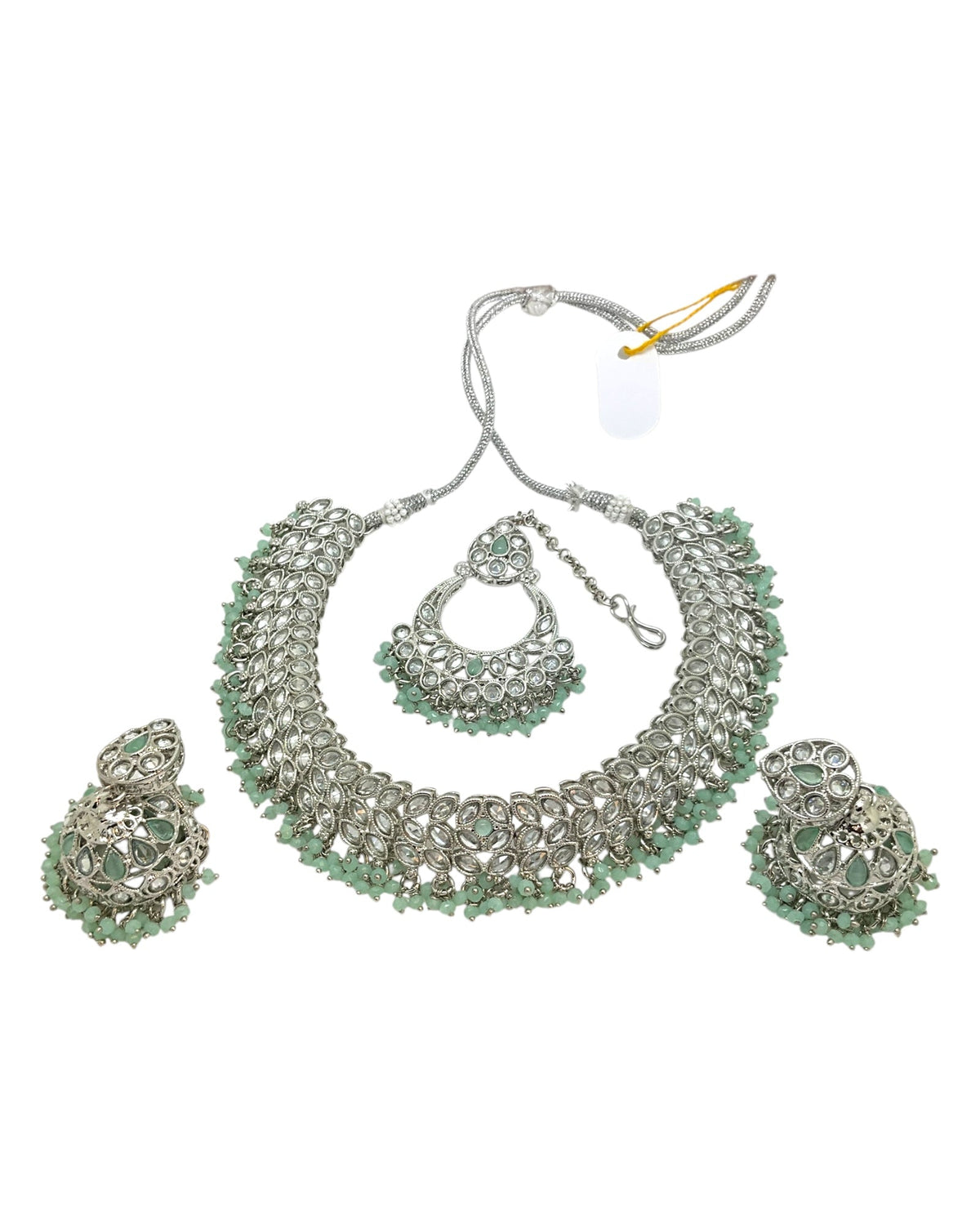 Sage Green - Large Size Silver Finish Necklace Set with Earrings & Tika (Head Piece) - UK Stock - GGA17 08KK25 - Prachy Creations