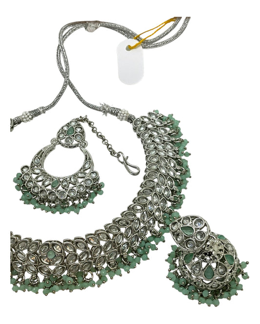 Sage Green - Large Size Silver Finish Necklace Set with Earrings & Tika (Head Piece) - UK Stock - GGA17 08KK25 - Prachy Creations