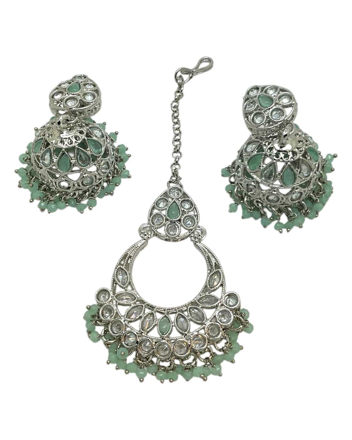 Sage Green - Large Size Silver Finish Necklace Set with Earrings & Tika (Head Piece) - UK Stock - GGA17 08KK25 - Prachy Creations