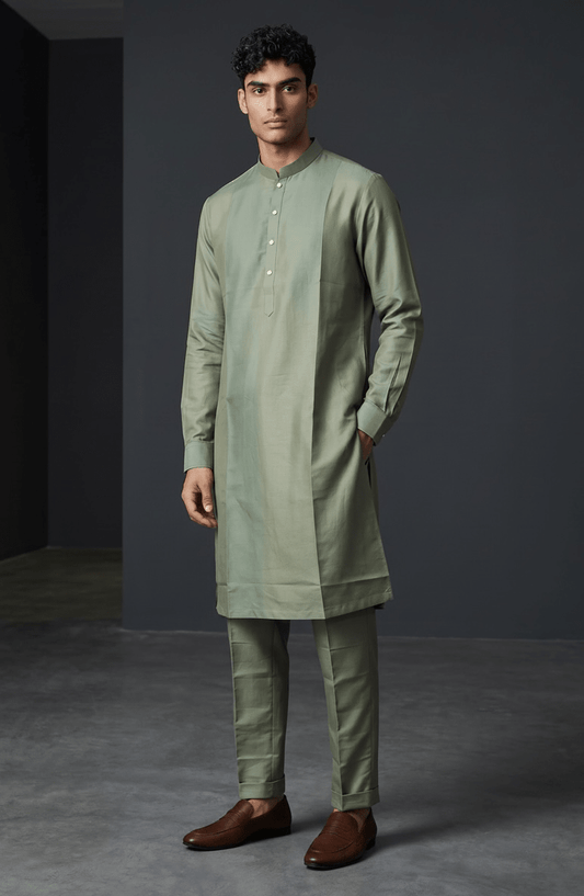 Sage Green - Plain Silky Mens Indian Kurta set with Trousers - UK Stock - Weddings / Walimas , Sangeet, Diwali, Eid, Mehndi / Henna - EM66 05KJ26 - Prachy Creations