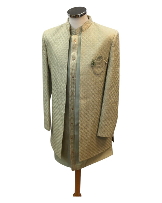 Sage Green - PREMIUM Mens Knee Length Jacket with Long Waistcoat - Fantastic Fit - KCS6101 02CY25 - Prachy Creations