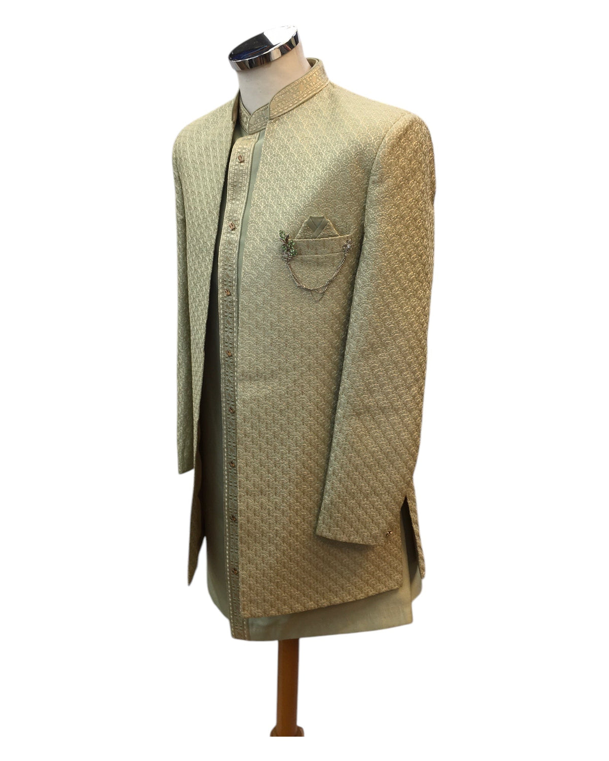 Sage Green - PREMIUM Mens Knee Length Jacket with Long Waistcoat - Fantastic Fit - KCS6101 02CY25 - Prachy Creations
