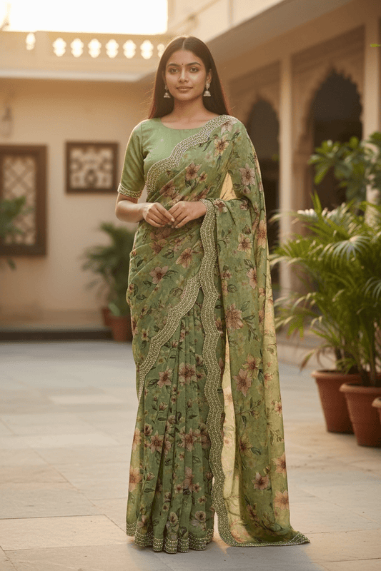 Sage Green - Printed Crepe Silky Saree with Blouse Piece - UK stock - 24hr Dispatch - RS2527 TJ - Prachy Creations