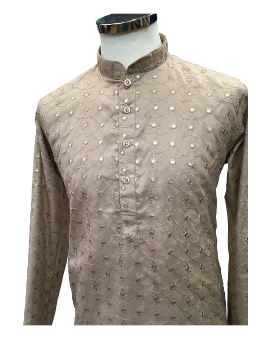 SALE! Beige - Linen Mirror Work Mens Kurta Set - Sangeet Mehendi Haldi - NY2302 KT 1123 - Prachy Creations