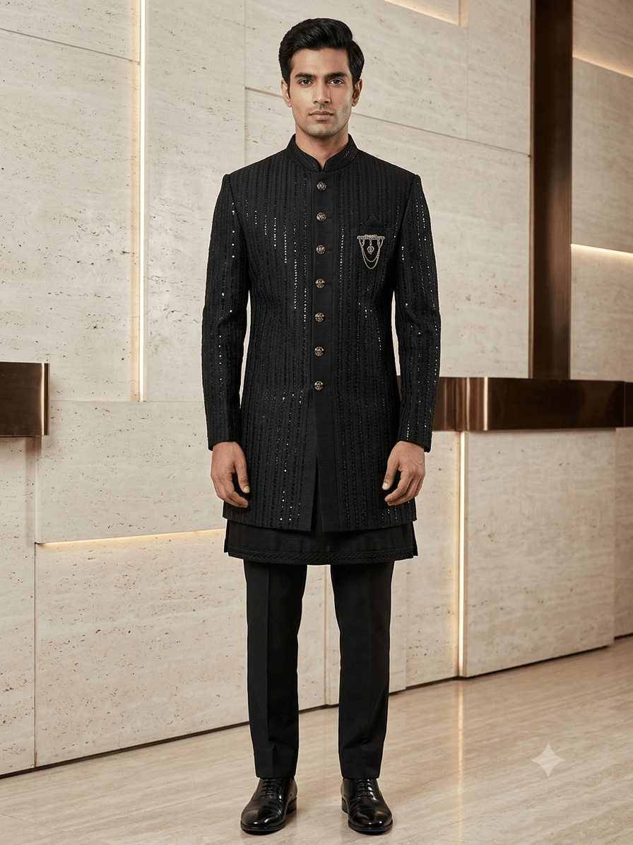 SALE ! Black - Stunning Double Layered Mens Sherwani - SHU2506 JC 0325 - Prachy Creations
