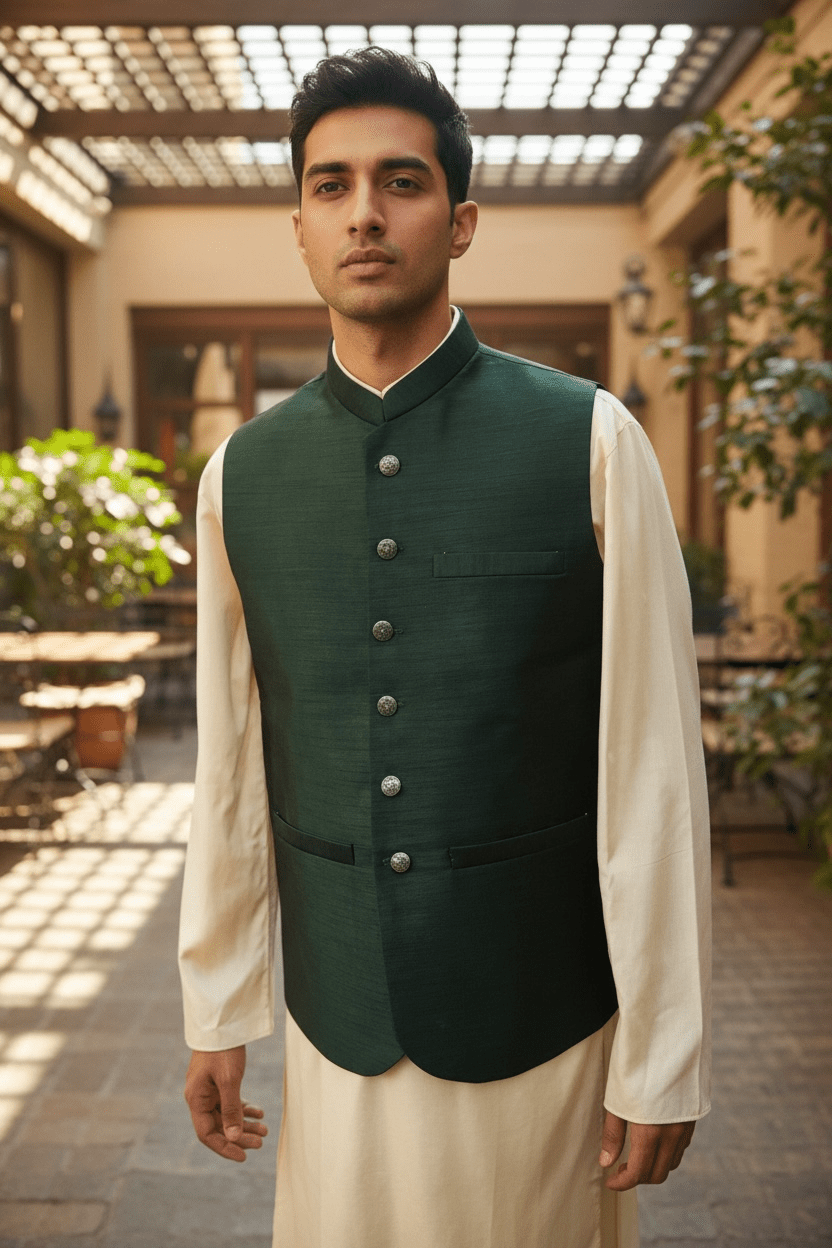 SALE! Bottle Green - Handloom Dupion Silk Mens Waistcoat - DL2304 KKp1023 - Prachy Creations