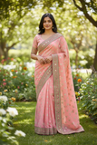 SALE - Coral saree with contrast border , Bollywood, Weddings - SEP5716 04CP17 - Prachy Creations