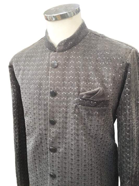 SALE ! Grey with Self Sequins Fully Embroidered Soft Sherwani Set - UK Stock - 24h Dispatch - Spark20 JY 0324 - Prachy Creations