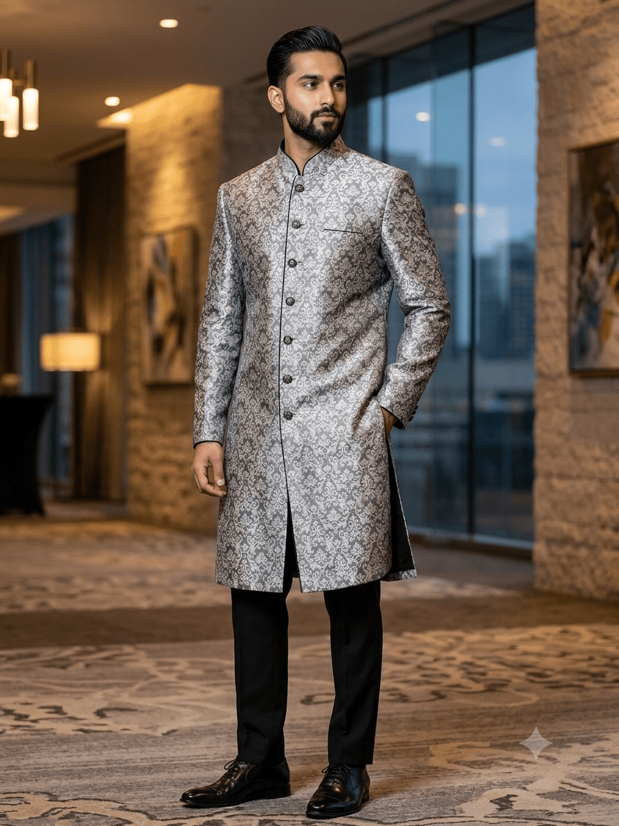Sale! Mens Indian Light Sherwani set in Black / Silver Brocade for weddings, Bollywood Party - DD180801JV - Prachy Creations