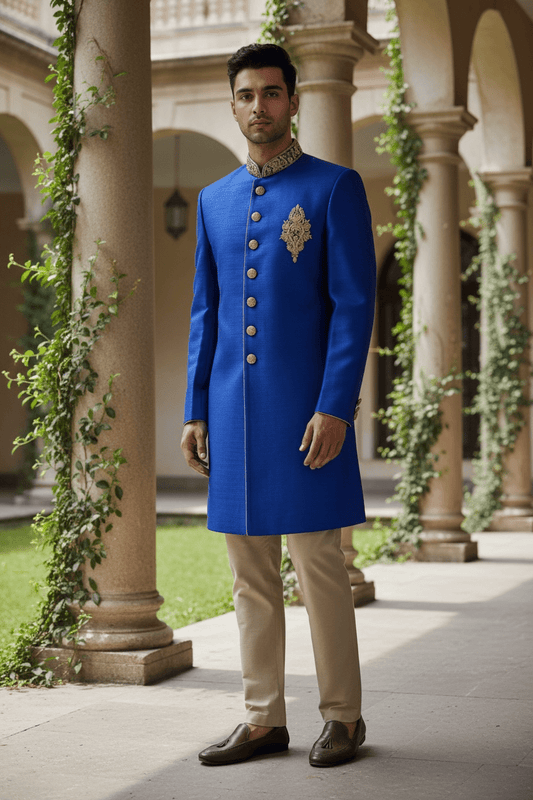 SALE ! Mens Raw Silk Royal Blue Brocade Sherwani - VL1907 AA1119 - Prachy Creations