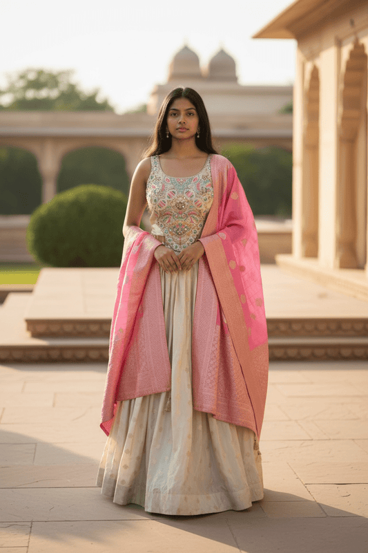 SALE ! Size 14 / 40" Bust - Cream - Ready Made Lehenga Set - UK Stock - 24h Dispatch - KTC2501 57 TV - Prachy Creations