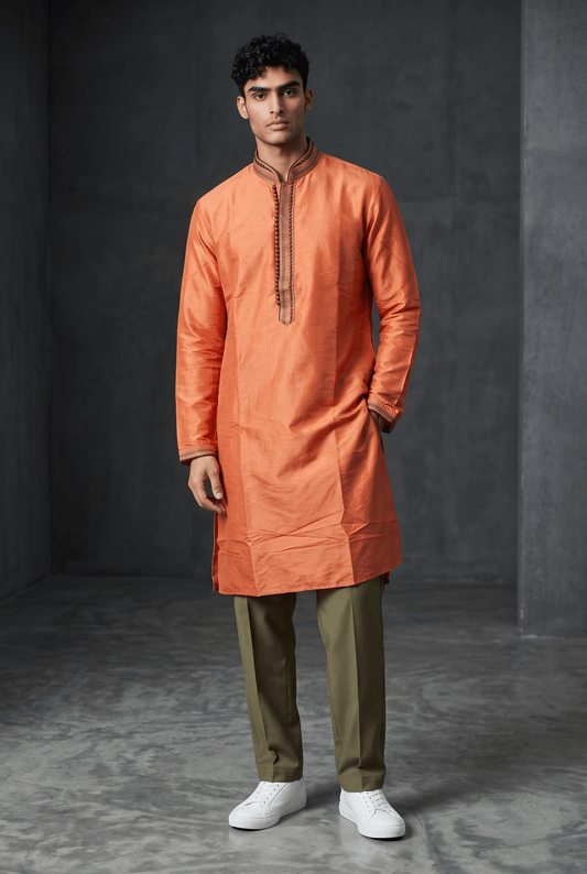 SALE! Size 36" / Small - Peach - Mens Cotton Silky Kurta with Elasticated Trousers , Full Length - SALE2605 - Prachy Creations