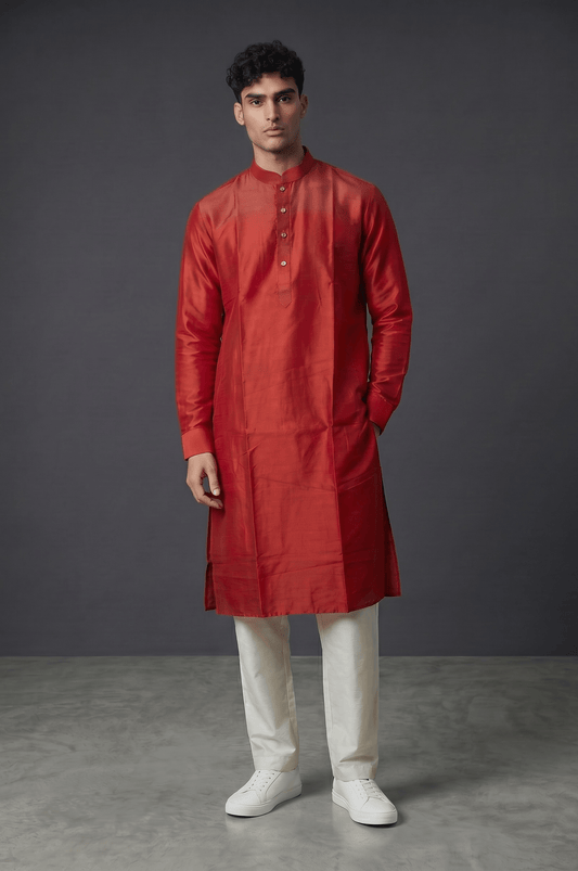 SALE! Size 42" - Red - Mens Plain Silky Kurta Top only, Knee Length - SALE2602 - Prachy Creations