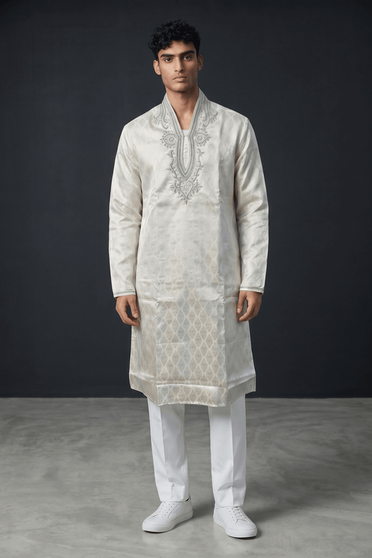 SALE! Size 42" - White - Mens Brocade Kurta Top only, Knee Length - SALE2607 - Prachy Creations