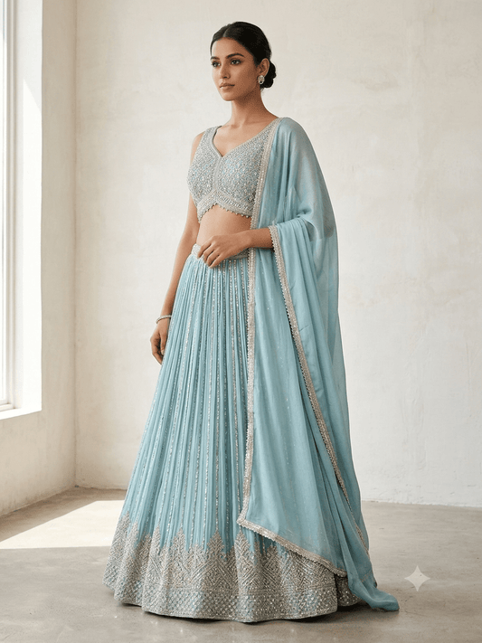 SALE ! Size UK 16 (42") Light Blue Pastel - Lehenga Set - Mehndi / Sangeet / Bridesmaids / Weddings / Garba - UK Stock - 24h Dispatch - KTC250627 TK26 - Prachy Creations