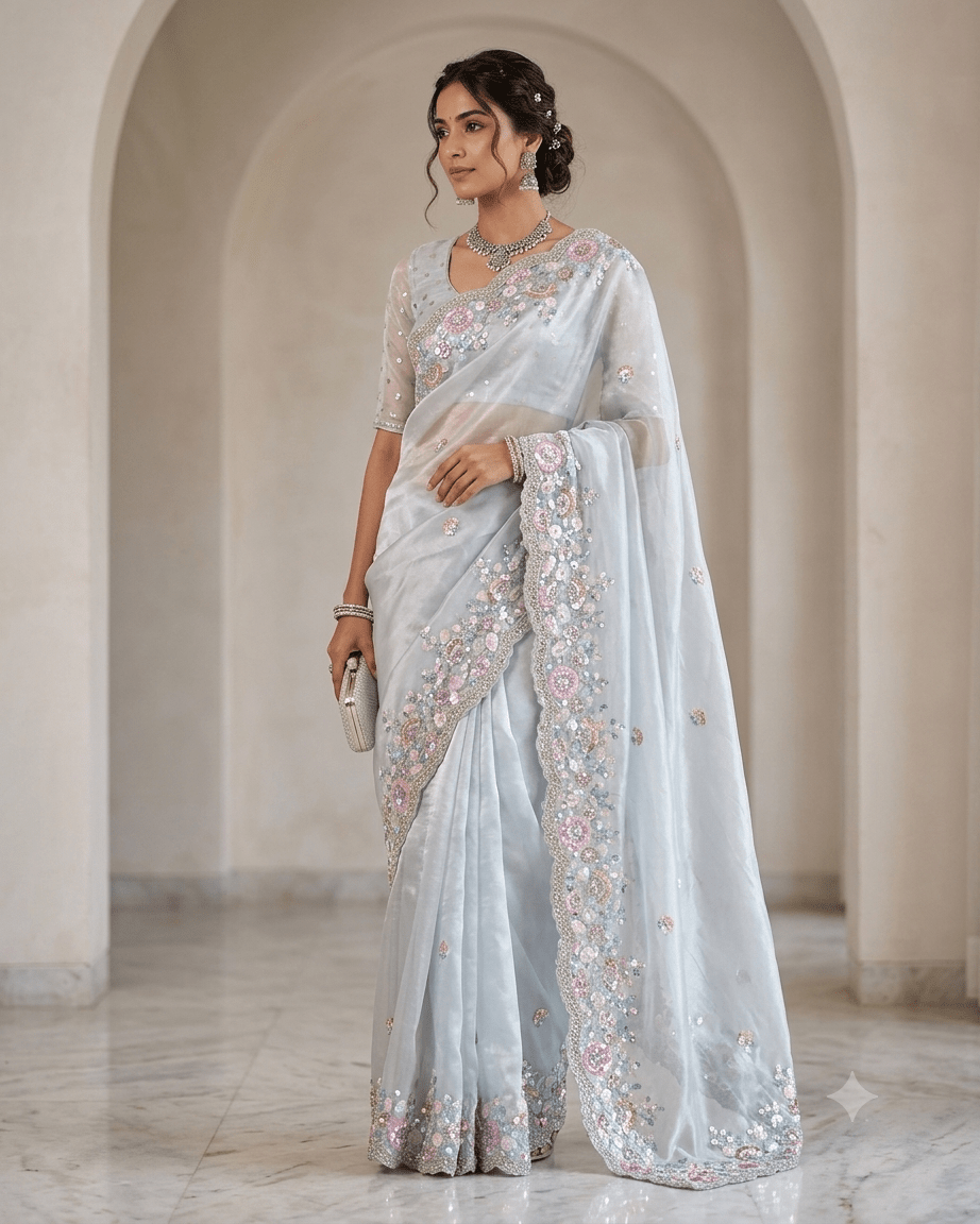 SALE! Sky Blue - Pastel Sequins Silky Saree with Blouse Piece - MF3801 JJ 0824 - Prachy Creations