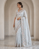 SALE! Sky Blue - Pastel Sequins Silky Saree with Blouse Piece - MF3801 JJ 0824 - Prachy Creations