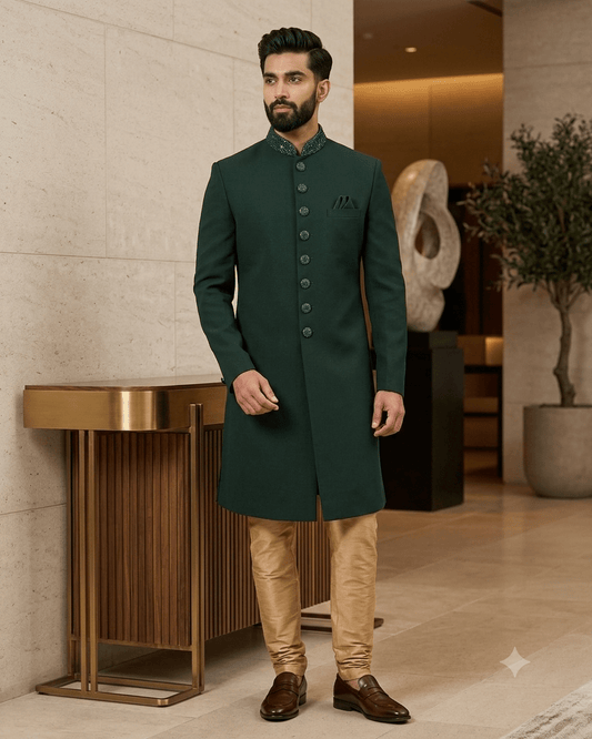 SALE ! Stunning Bottle Green Self Coloured Embroidery Sherwani with Cream Trousers - SHU2302 JR0123 - Prachy Creations