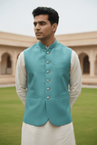 SALE! Turquoise Blue - Handloom Dupion Silk Mens Waistcoat - DL2303 KKp1023 - Prachy Creations