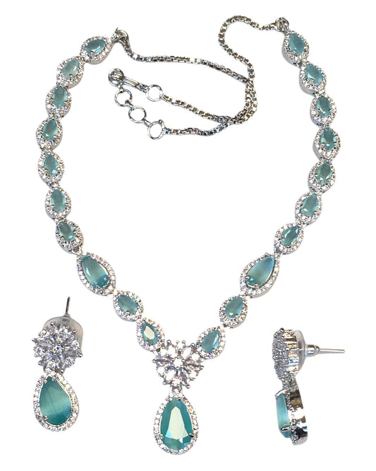 Sea Green - American Diamond Style Silver Finish Small Size Necklace Set with Earrings - AE2422 11H24 - Prachy Creations