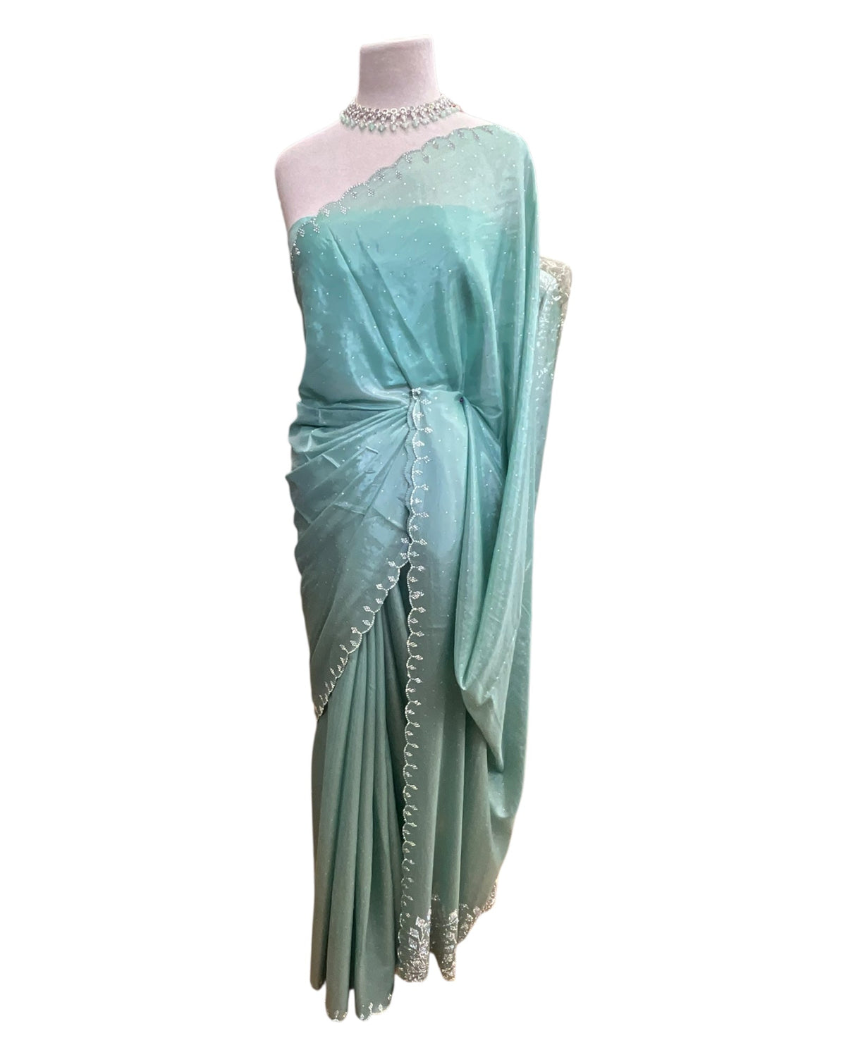 Sea Green - Crepe Chiffon - Diamante Border Saree with Blouse Piece - DAZ56003 VY 0425 - Prachy Creations