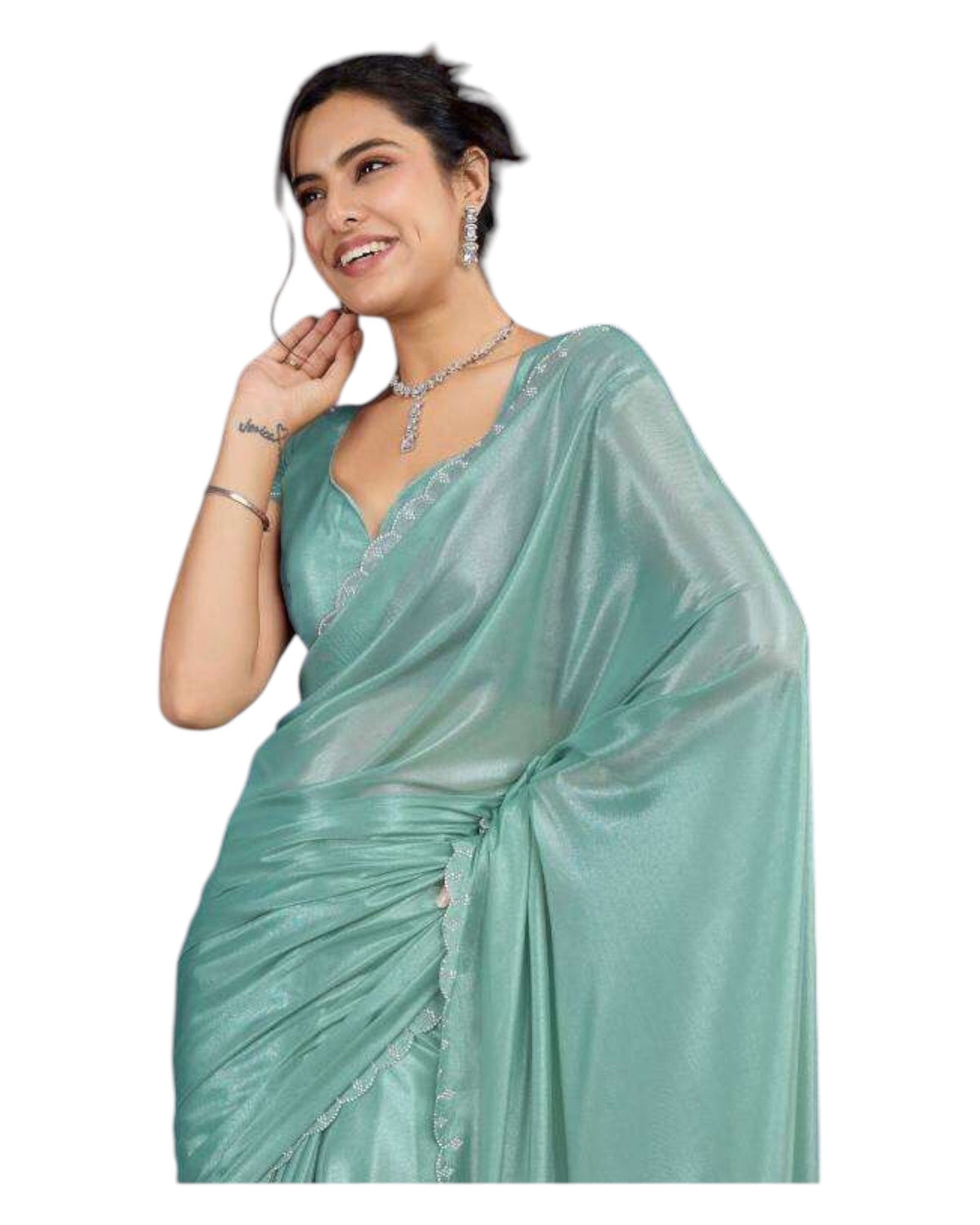 Sea Green - Crepe Chiffon - Diamante Border Saree with Blouse Piece - DAZ56003 VY 0425 - Prachy Creations