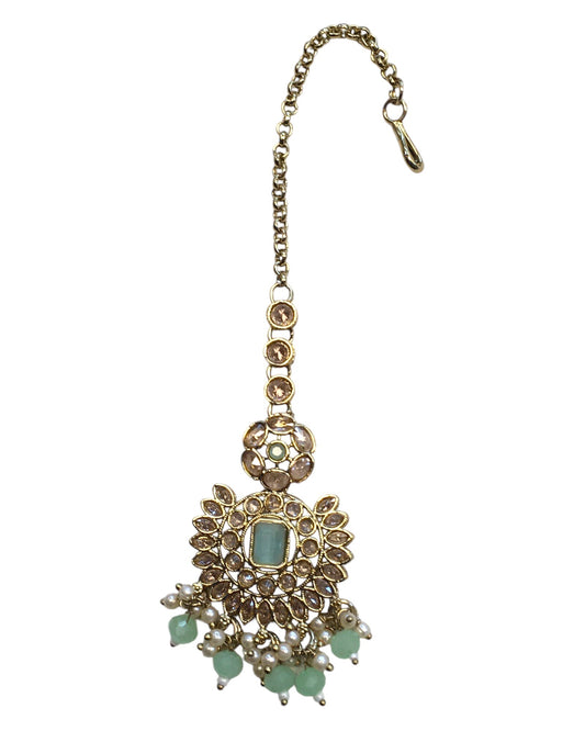Sea Green - Large - Antique Gold Finish Traditional Tika Head piece - Bollywood - Weddings - PRI1773 11V24 - Prachy Creations