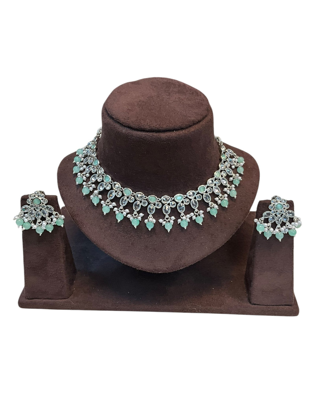 Sea Green - Large Size Silver Finish Necklace Set with Earrings. - KAJ1031 KYp - Prachy Creations